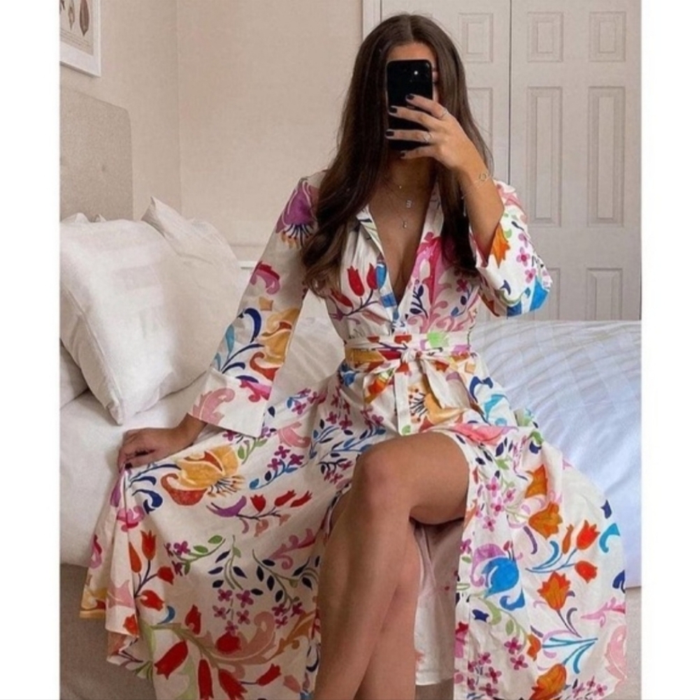 Zara Floral Midi Shirt Dress Long Sleeve Size S Tie Belt Watercolor Flowers - Picture 13 of 14